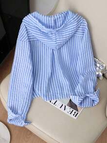 Camisa con capucha holgada con cordón de rayas azules y blancas para mujer, nueva para primavera/otoño - Azul - Ver 2