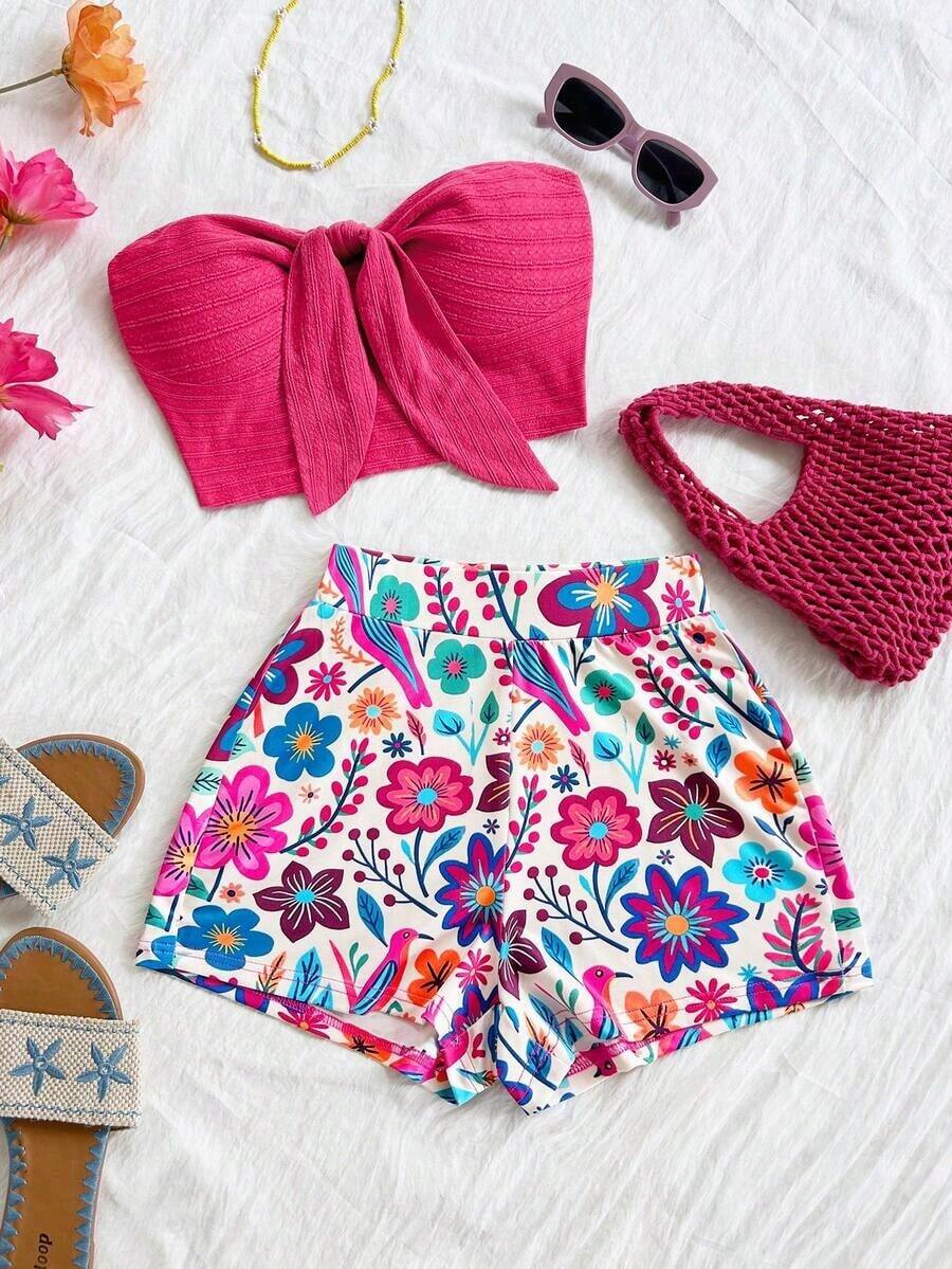 Conjunto informal de 2 piezas de top tubo corto anudado de unicolor y shorts con estampado floral para vacaciones de mujer - Multicolor 5 - Ver 1
