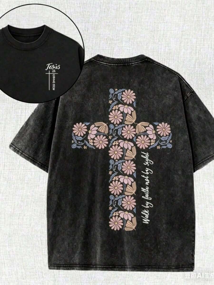 1 Piece Unisex Oversized Crew Neck Short Sleeve T-Shirt, Distressed And Washed, 100% Heavyweight 220g Cotton, Designed By Y2K Artists In A Vintage American Style, Graphic Print Of City Names, Ideal For Everyday Wear, Concerts And Festivals - 黑色 - 查看 1