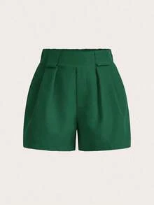 Pantalones cortos casuales sueltos con bolsillos y pliegues de unicolor para mujer - Verde Oscuro - Ver 3