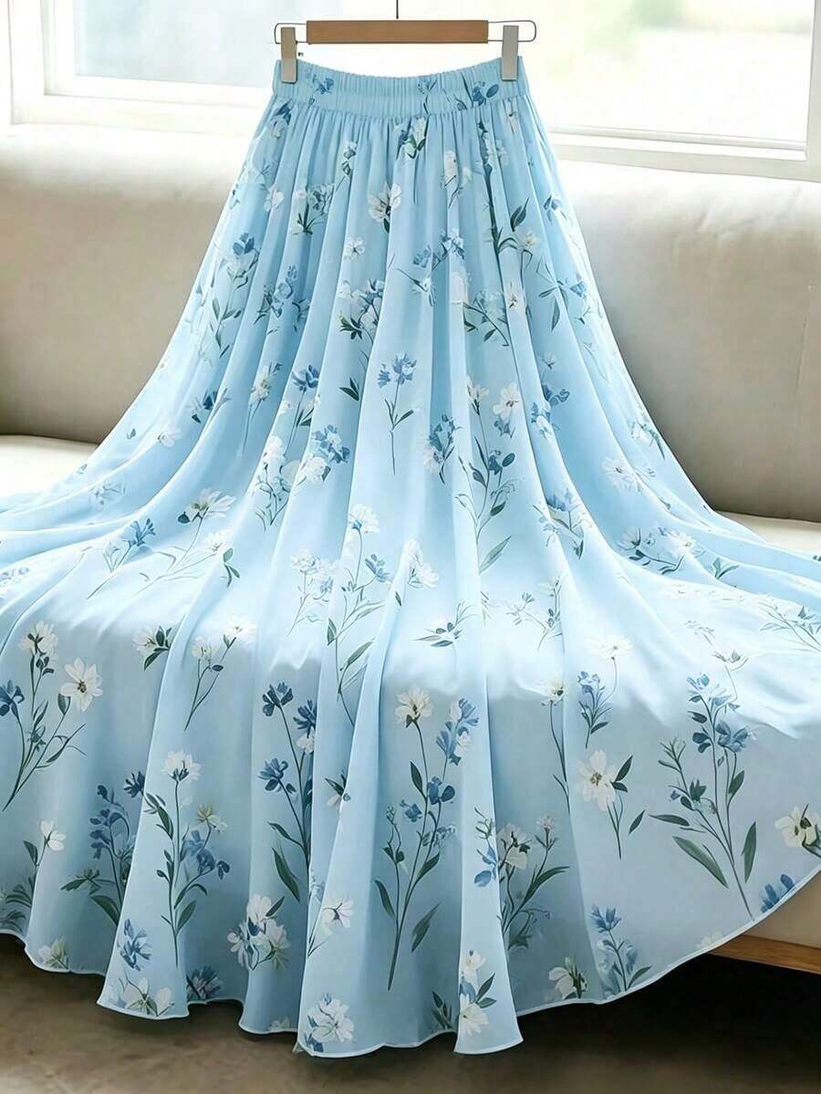 Falda de gasa con estampado floral para mujer, falda plisada de cintura alta estilizadora, diseño de cintura elástica, falda larga elegante, conjunto de verano para mujer, falda elegante para fiesta, falda para atuendo de playa, falda vestido de vacaciones para mujer, falda para fiesta de boda, falda grácil para mujer, falda para vacaciones de verano, vestido casual, vestido de gasa para vacaciones, falda casual para ir al trabajo, vestido casual versátil y elegante para uso diario, falda urbana y chic - Azul - Ver 1