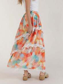 Falda casual y versátil para citas y salidas con estampado de teñido anudado y encaje para mujer - Multicolor - Ver 2