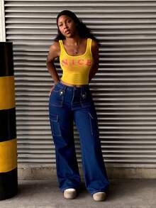 Jeans rectos con bolsillos múltiples efecto levantador de glúteos - Azul profundo - Ver 5