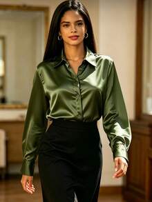 Camisa Feminina  com Mangas Longas - Verde Militar - Visão 1