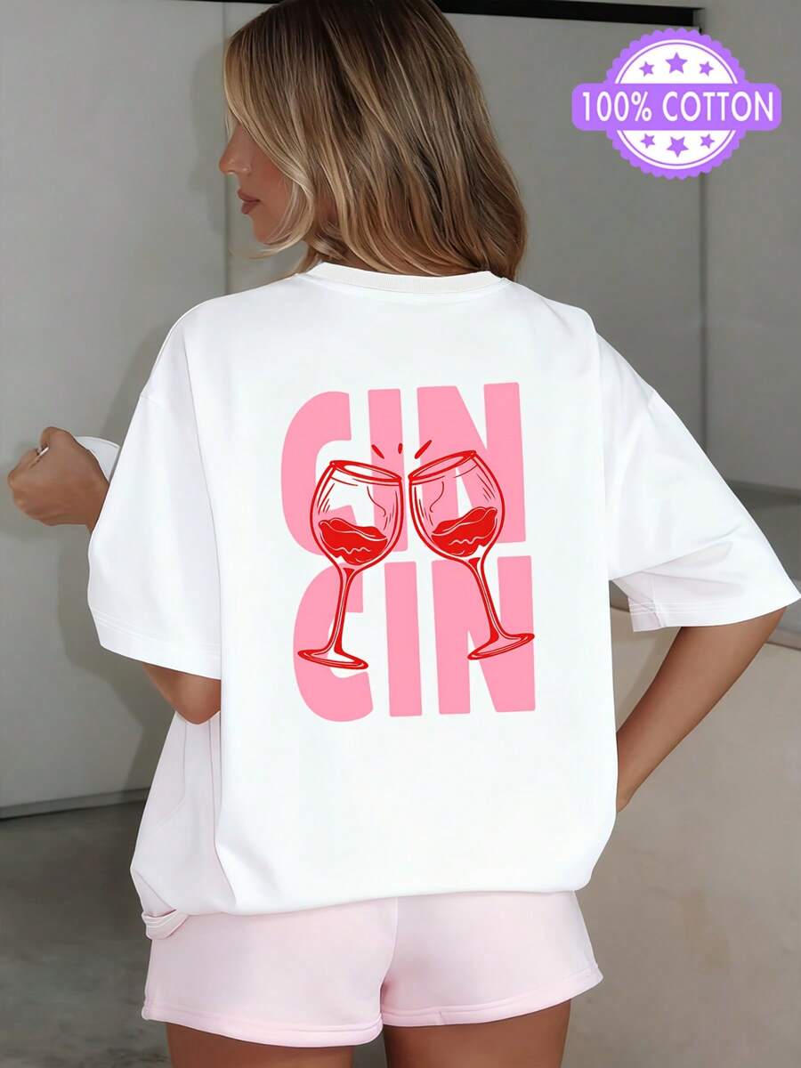 Women's 100% Cotton T-Shirt With Wine Glass Print - Pink And Red Wine Glass Design With "Gin & Tonic" Text, Loose Fit, Round Neck, Short Sleeve, Casual Style Y2k - 黑色 - 查看 1