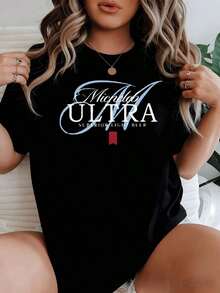 Summer T-Shirts With A Graphic Print Featuring A Bold ULTRA Logo In Stylish Calligraphy, Conveying A Modern And Confident Vibe For Relaxed Outings. Women's Casual T-Shirts, 100% Cotton. Summer Wear. - 黑色 - 查看 9