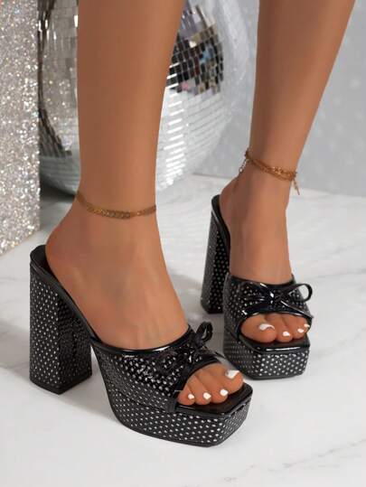 Women's Crystal Bow Thick Bottom High Heel Sandals, Square Toe Chunky Heel, Waterproof Platform Mule Shoes, European And American Style Outdoor Flat Sandals