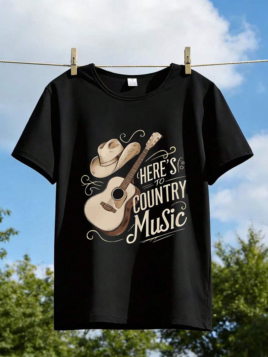 1pc Mujeres & Unisex Y2K Country Music Guitar T-Shirt - Camiseta de cuello redondo de manga corta suave y transpirable adecuada para las vacaciones, el día de San Valentín, trajes de graduación, primavera, pareja / hermana, regalo, lavable en la máquina