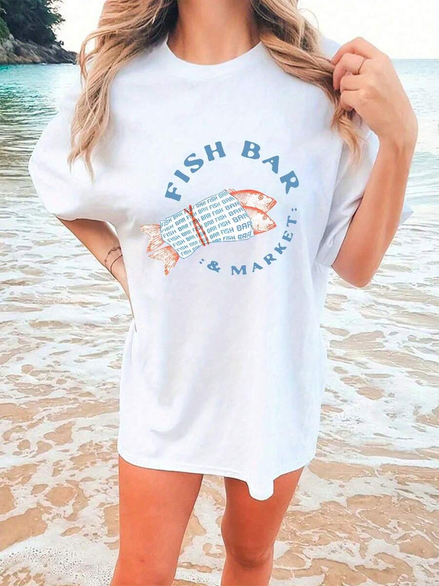 Camiseta Casual Premium para Mujer - Diseño "Patrón de Pez Saltando", mangas cortas estilo playa y cuello redondo, corte regular cómodo, top de verano transpirable, adecuada para salidas diarias y viajes a la playa, top casual. | Camiseta de cuello redondo | Estilo cómodo, camisa de playa, camiseta de playa, ecológico - Blanco - Ver 1