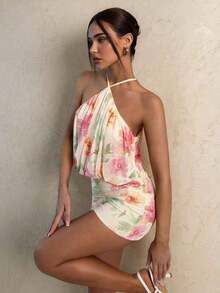 Vestido mini elegante de mujer con estampado floral y cuello halter, para verano - Multicolor - Ver 3