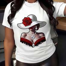 Women's Casual T-Shirt With Elegant Woman Print Featuring A Red Rose Hat And Pearl Necklace, Soft And Comfortable, Gift For Mother's Day, Birthday, Valentine's Day, Breathable And Comfortable - 白色 - 查看 1