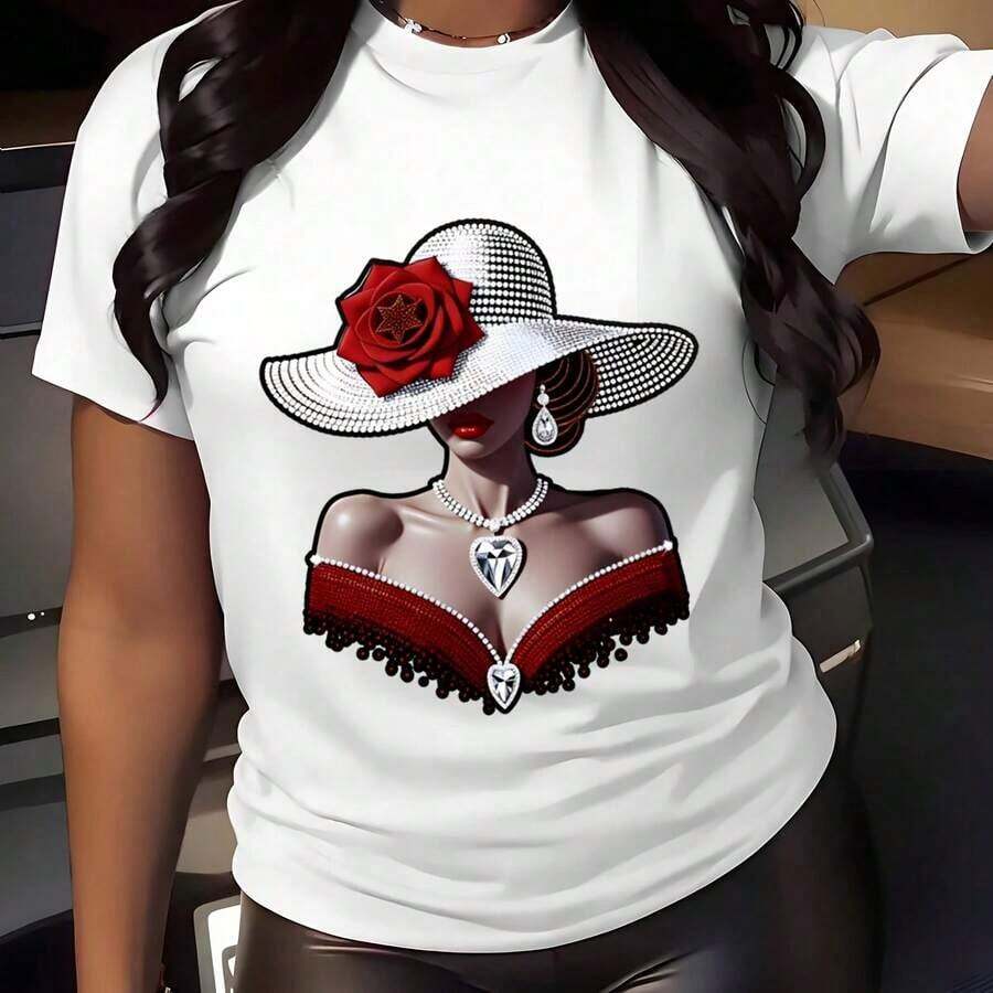 Women's Casual T-Shirt With Elegant Woman Print Featuring A Red Rose Hat And Pearl Necklace, Soft And Comfortable, Gift For Mother's Day, Birthday, Valentine's Day, Breathable And Comfortable - 白色 - 查看 1