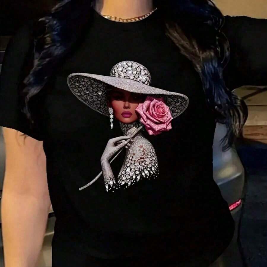 Women's Casual Short Sleeve Crew Neck T-Shirt, Spring Summer Autumn, Polyester Fabric, New Design With Rose Portrait Print, Breathable And Comfortable - 黑色 8 - 查看 1