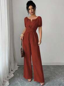 elegante de mujer con cuello redondo, manga larga, pierna ancha, decoración de cuentas de madera y cintura retorcida en color caqui para uso diario - Color caoba - Ver 4
