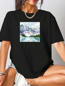 Camiseta de manga corta para mujer, hecha de algodón puro, suave y cómoda, un artículo recomendado, con un diseño estampado de montañas cubiertas de nieve reflejadas en un lago. Camiseta de algodón para mujer, transpirable y absorbente de sudor, de manga corta para verano. - Negro - Ver 12