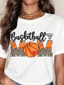 Camiseta para Mamá Aficionada al Baloncesto con Diseño de Baloncesto y Estampado de Leopardo para Madres Fanáticas de los Deportes - Blanco - Ver 1
