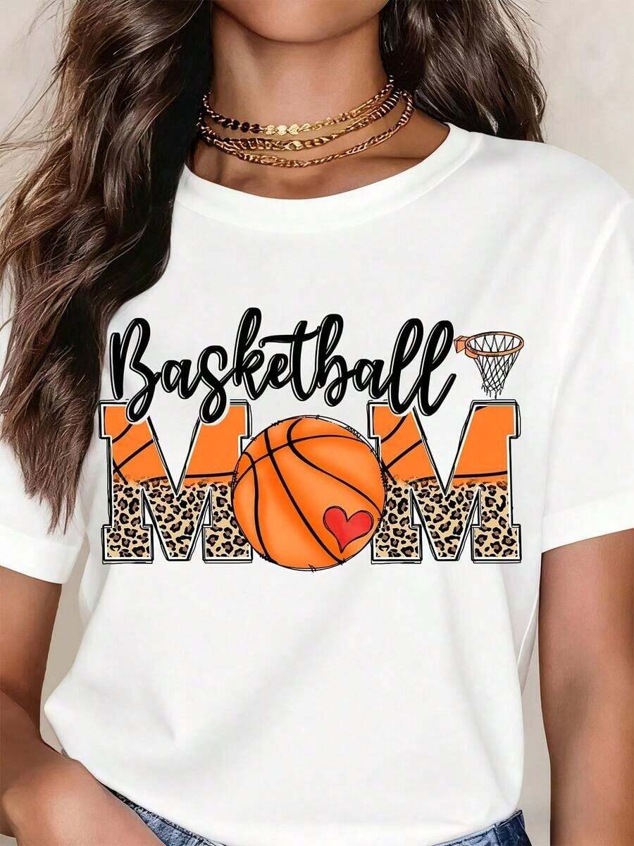Camiseta para Mamá Aficionada al Baloncesto con Diseño de Baloncesto y Estampado de Leopardo para Madres Fanáticas de los Deportes - Blanco - Ver 1