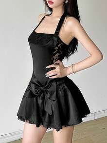 Vestido elegante de verano con lazo halter espalda descubierta ajustado estilo sensual  moda femenina - Negro - Ver 4