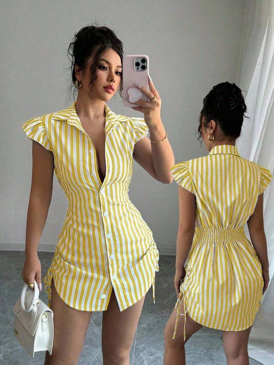 Vestido camisa elegante de vacaciones con mangas acampanadas, cintura fruncida y rayas azules - Amarillo - Ver 1