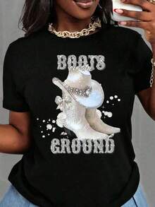 1 pieza - Talla Grande - Camiseta Blanca Estilo Vaquero Occidental con Estampado de Botas y Sombrero, Camiseta para Conciertos, Camiseta con Incrustaciones de Piedras Plateadas Brillantes, Top Casual de Moda para Mujer, Cómodo para Uso Diario en Verano, Prenda Versátil para Uso Diario, Tela Ligeramente Elástica, 180g 100% Algodón - Negro - Ver 5