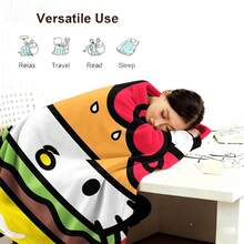 1pc Comfortable Hello Kitty Burger Pattern Flannel Blanket, Soft Polyester Knitted Design, Versatile Use, Machine Washable, Plush Throw Blanket Ideal For Home, Travel, Outdoor, All Seasons - Perfect For Sofa, Bed, Office Or Travel, Watching Movies, Napping, Bedroom, Office, Car, Sanrio Blanket - Multicolor - View 8