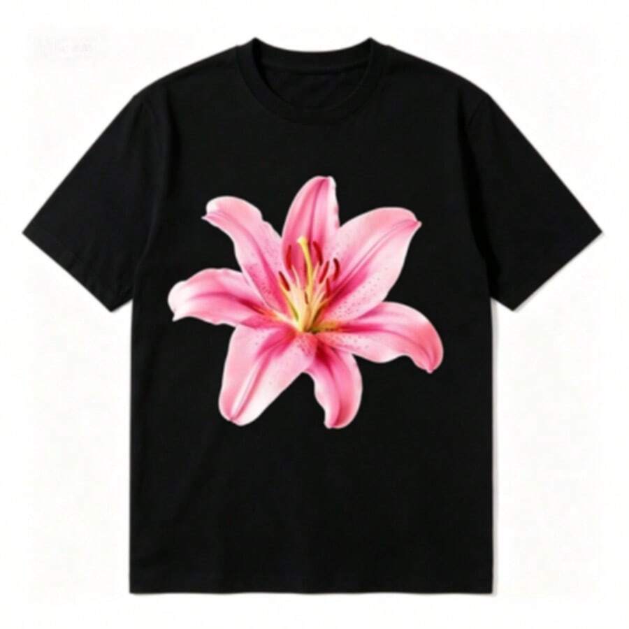 Playera Pink Lily Aesthetic: Top de Algodón 100% con Estampado Floral - Verano 2026 - Negro - Ver 1