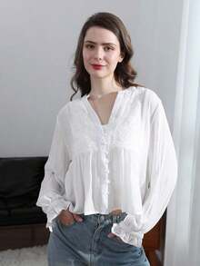 HH Blusa elegante y única de estilo francés, con bordado floral y diseño calado, camisa casual de manga larga para mujer para primavera/verano - Beis - Ver 10