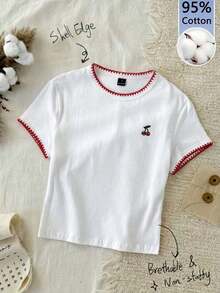 95% algodón. Camiseta corta de manga corta, cuello redondo, ajustada y recortada de unicolor minimalista casual para mujer, vintage, softgirl, elegante. Se puede usar en todas las estaciones, old money, salidas de verano, en casa, vuelta al cole, otoño. - Multicolor 5 - Ver 6