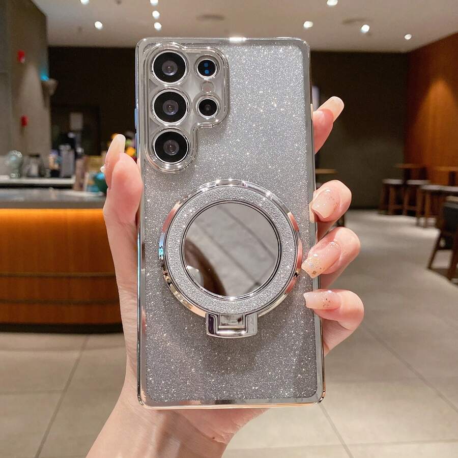 新款閃粉電鍍防震奢華透明手機殼附鏡面支架,適用於 iPhone 17/6/7/8/X/XS/XR/11/12/13/14/15/16e、Galaxy S22/23/24、A04/05/06/A07/A17/A14/A15/A16/A24/A25/A34、Note 7/8/9/10/11/12/13/14、9/10/12/13C/14C/A5、MT,適用於 Honor X、HW、C53 C55 - 銀色 - 查看 1