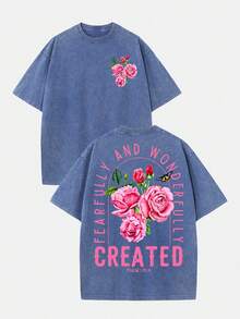 Camiseta de mujer [Impresionante camiseta holgada de estilo vintage con estampado de rosas rosas, diseño de manga corta para mujer, tela de algodón puro de 8.11 oz, corte holgado. Adecuada para uso diario o como regalo para amigas. Inspirada en el Salmo 139:14, exquisitamente diseñada. 100% algodón puro] Casual - marrón café - Ver 7