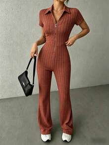 KKONE Two-Piece Set: Plain Color Crop Top And Bell Leg Pants - Reddish-brown - View 2