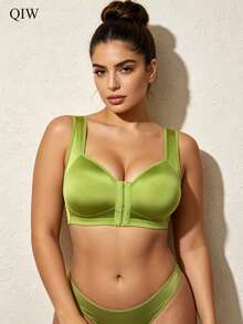 1pc Glossy Fabric Women's Casual Everyday Bra, Wireless Front Closure One-Piece Fixed Non-Slip Strap Underwear - Green - View 3