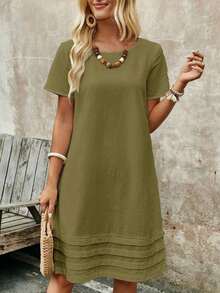 Vestido casual recto de unicolor, cuello redondo, manga corta para mujer, de verano - Verde - Ver 4