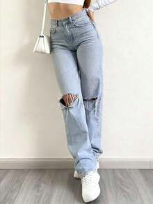 Jeans rectos de talle alto para mujer con efecto desgastado, tela delgada sin estiramiento, elegante estilo casual retro Y2K para exteriores, adecuado para primavera/verano, gris claro, nueva llegada 2026 - Lavado ligero - Ver 1
