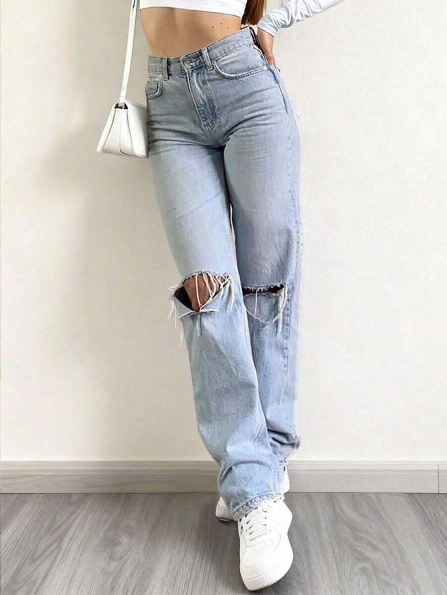Jeans rectos de talle alto para mujer con efecto desgastado, tela delgada sin estiramiento, elegante estilo casual retro Y2K para exteriores, adecuado para primavera/verano, gris claro, nueva llegada 2026 - Lavado ligero - Ver 1