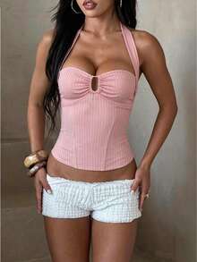 Top sin espalda de verano con cuello halter para mujer, blusa cami sexy con tiras cruzadas huecas, adecuado para citas, cenas, vacaciones, fiestas y otras ocasiones, rosa, blusas para salir, de moda - Rosa - Ver 1
