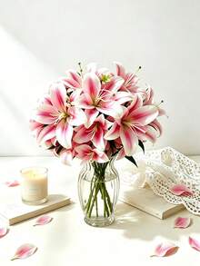 逼真絲綢百合花，栩栩如生的百合植物，適用於婚禮花束、家庭聚會、家居裝飾、酒店、辦公室、花瓶布置和戶外花園裝飾（粉紅色） - 粉色 - 查看 5