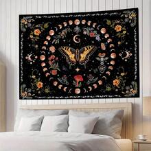 1pc Black Background Sky Butterfly Tapestry, With Orange Moon Phase And Floral Pattern, Suitable For Mysterious Witchcraft Style Home Decor, Bohemian Style Wall Art Fabric - Multicolor - View 2