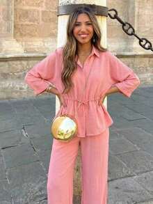Conjunto de 2 piezas para mujer, unicolor, blusa casual holgada con cuello vuelto y cordón, manga 7/8 + pantalones de pierna ancha con cintura elástica, para verano - Rosa - Ver 11