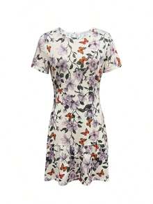 Tela de seda de leche con impresión digital de moda, material fresco de verano, adecuado para citas, hogar, vacaciones, campamento, playa, fotografía, baile, fiestas, compras, estilo de vacaciones de verano versátil. Vestido corto con diseño de volantes, - Blanco - Ver 5