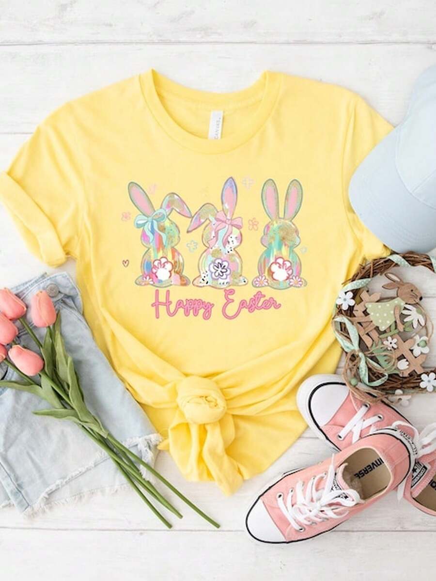 Easter S1Hirt, Bunny Tail T1EE, Yellow Spring Top, Trio Rabbit Back, Happy Easter Ouit, Cute Cotton Tail Gift.