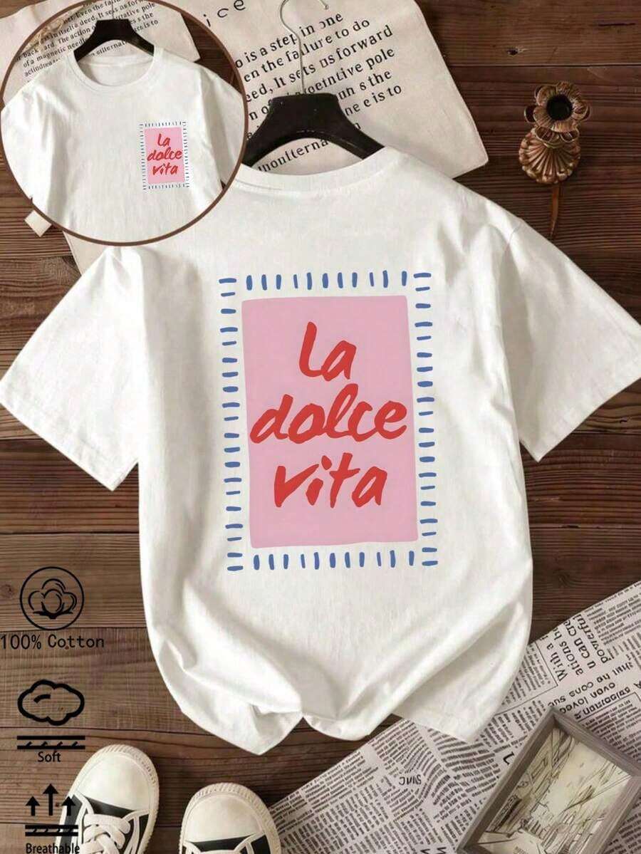 Slim-Fit Short-Sleeved Solid Color Round Neck T-Shirt For Women, Playful Print With The Slogan "La Dolce Vita", 100% Cotton, Casual For Everyday And Leisure, Streetwear, Y2K Style, Beach, Shades, Holiday, Summer, Spring, T-Shirt, Sport, Party, Blouse, Vintage, Carnival, Valentine's Day, May, Women's Tops, Spring Outfit, Jersey, Women's Winter Clothing, Summer, Playful T-Shirt, Holiday, Beach, Casual, Cute Tops, Black Top, White Top, Spring Top, Easter Clothing For Women, All Year Round, Office/Lounge/Home/Minimalist, Preppy Style, Western Style, Outfit, American Retro Style, Sexy, Outerwear, Autumn, Soft And Comfortable, Valentine's Day, Carnival, Summer Top, Artistic, Shades, Music Festival, White Top, Summer T-Shirt. - White - View 1