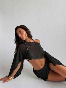 Conjunto de 2 piezas de mujer para primavera/verano con textura de jacquard, blusa tipo chal y minifalda de estilo envolvente, ropa de playa/resort para mujer - Negro - Ver 6