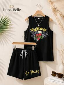 2-Piece Set, EdHardy Logo Design, New Women's Vest And Shorts Set, Perfect For Everyday Casual Wear, Comfortable And Relaxed, Local Shipping, Express Delivery Available. - màu đen - Xem 1