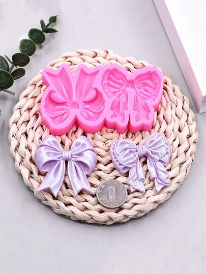 1pc Pink Liquid Silicone Material Silicone Mold, 2 Bowknot Shaped Molds, Resin Mold, DIY Soft Clay Epoxy Decoration Mold, Handmade Decorative Art Tool Suitable For Making Resin Hair Accessories, Jewelry Parts, Gypsum Fragrance Stickers, Car Vent Decorations