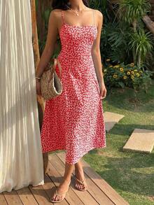 Vestido de playa con tirantes finos y estampado floral ditsy negro para mujeres - Rojo - Ver 7