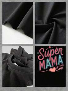 Celebre la maternidad con esta Playera gráfica Super Mama de mezcla de algodón suave, estampado elegante, perfecta para la comodidad diaria y un regalo maravilloso para las supermamás. - Negro - Ver 4