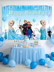 Disney 迪士尼冰雪奇缘生日快乐背景幕布，艾莎和安娜冰蓝色横幅，适用于派对摄影和装饰，这款冰雪奇缘主题生日背景幕布可将您的庆祝活动变成神奇的阿伦黛尔仙境，旨在提升您的派对装饰和摄影效果。背景为闪闪发光的冰蓝色背景，点缀着雪花。 - 背景 - 查看 11