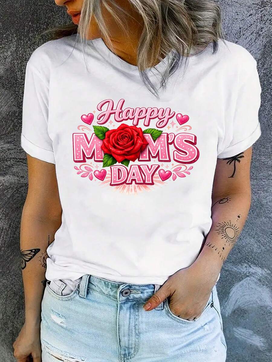 Estampado floral de corazón para el Día de la Madre.Camiseta de verano para mujer, blanca, de cuello redondo y manga corta, transpirable y casual. - Blanco - Ver 1