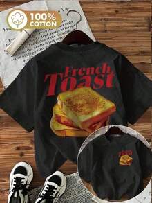 [Double-Sided Print] Women's Spring Summer Casual Tops, Retro "Toast" Print, French Toast, Round Neck, Pure Cotton Short Sleeve T-Shirt [Ling], Summer T-Shirt - Black - View 7